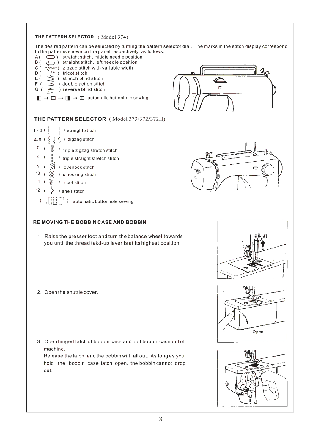 Euro-Pro instruction manual Pattern Selector Model 373/372/372H, RE Moving the Bobbin Case and Bobbin 