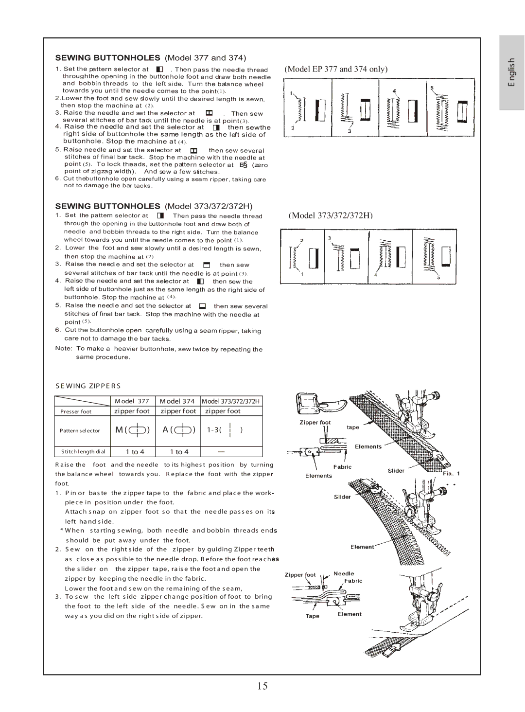 Euro-Pro instruction manual Nglish, ± ¡, Sewing Buttonholes Model 373/372/372H, ¡¡± 