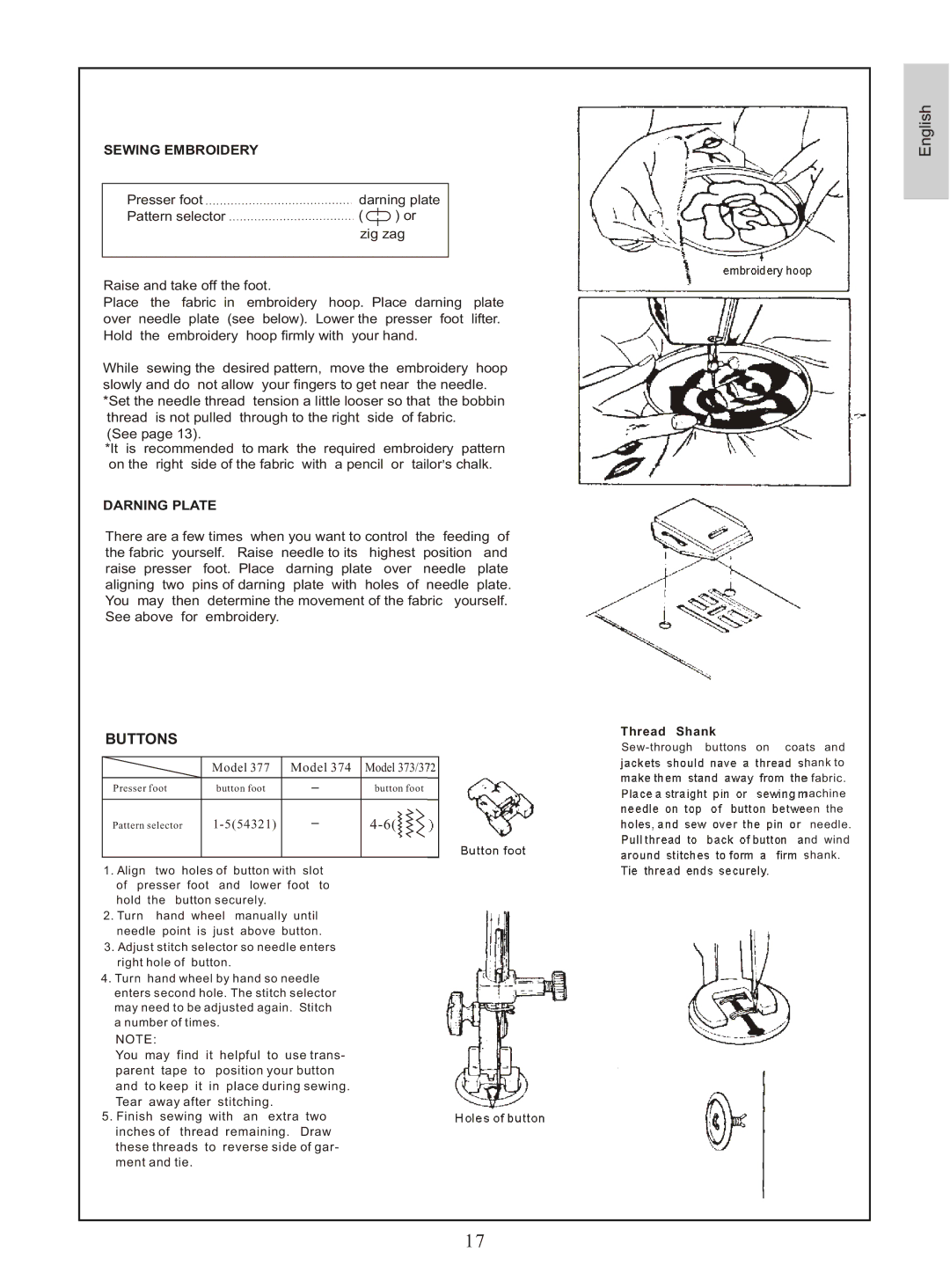 Euro-Pro 372H instruction manual Buttons, Sewing Embroidery 