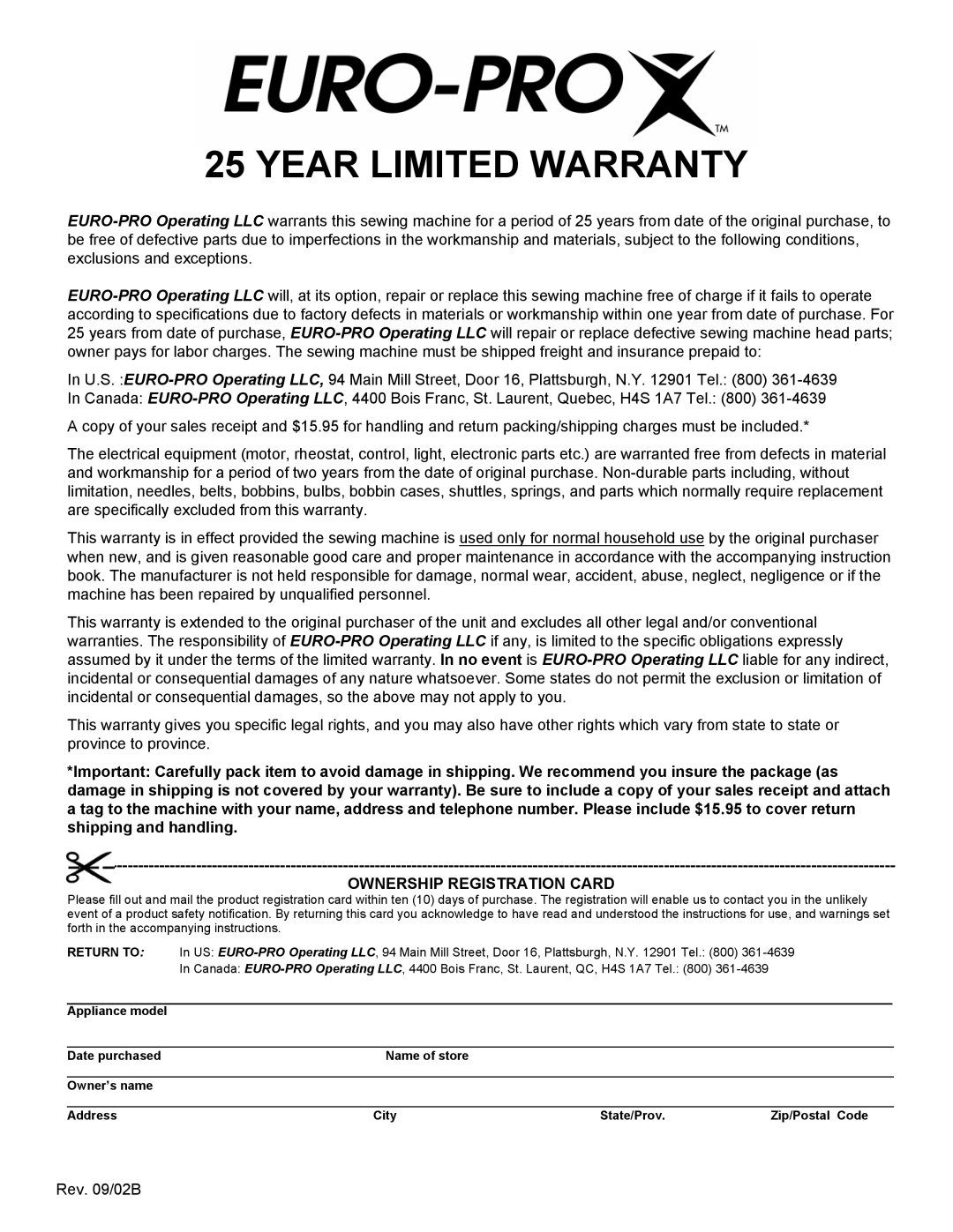 Euro-Pro 372H instruction manual Year Limited Warranty 
