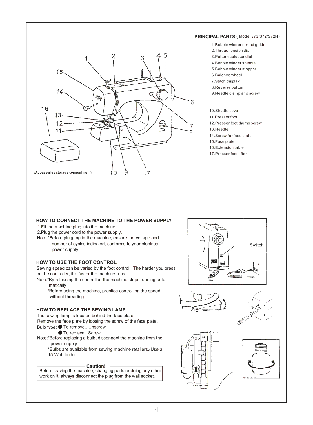 Euro-Pro 372H HOW to Connect the Machine to the Power Supply, HOW to USE the Foot Control, HOW to Replace the Sewing Lamp 