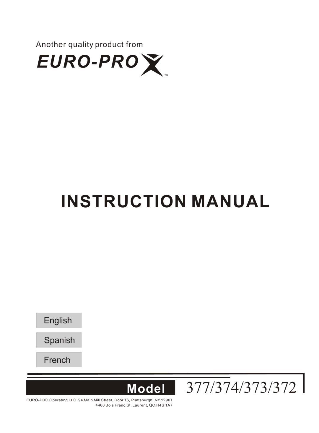 Euro-Pro 372, 374, 377, 373 instruction manual Euro-Pro 