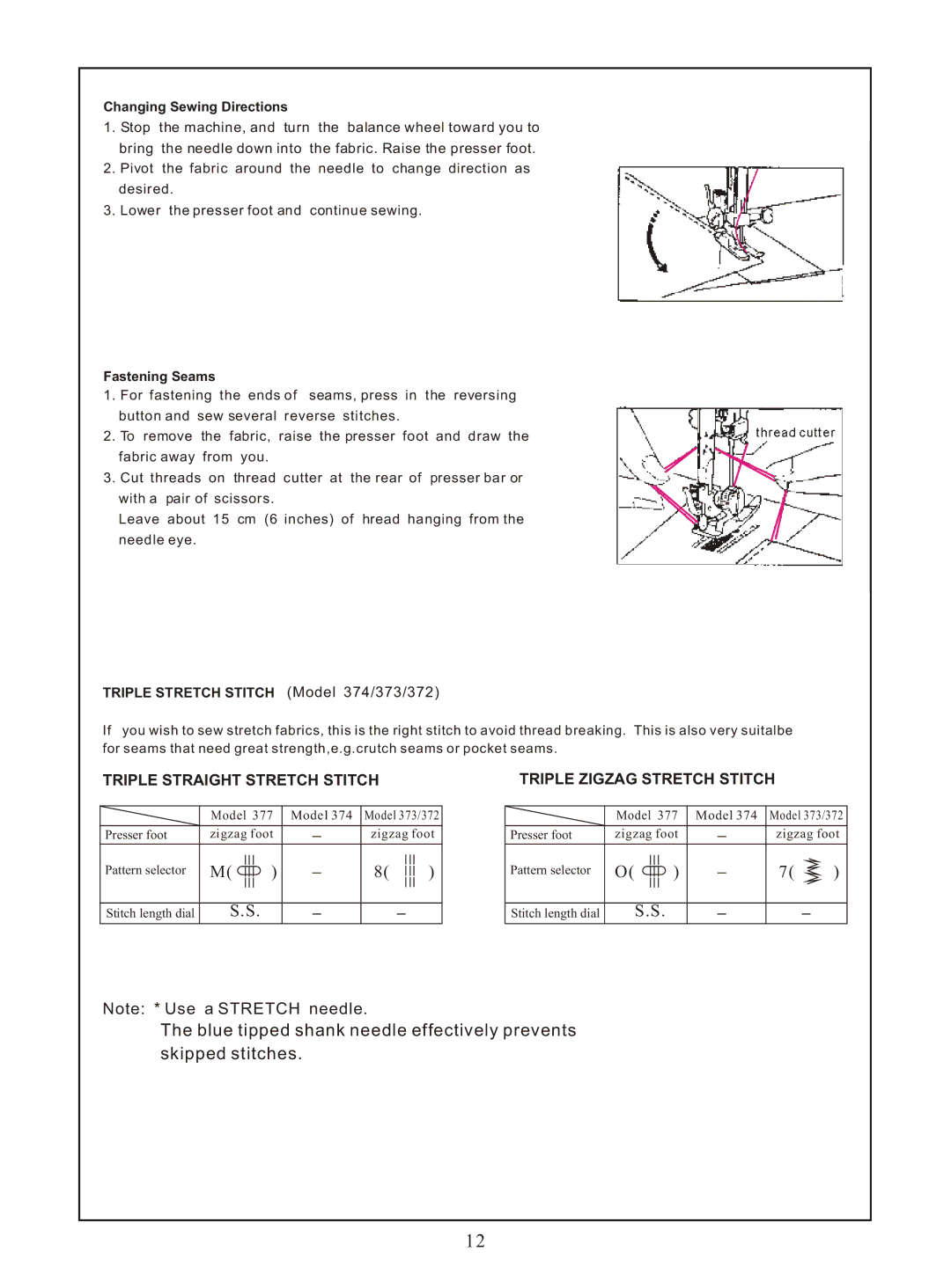 Euro-Pro 377 Triple Straight Stretch Stitch, Triple Zigzag Stretch Stitch, Triple Stretch Stitch Model 374/373/372 