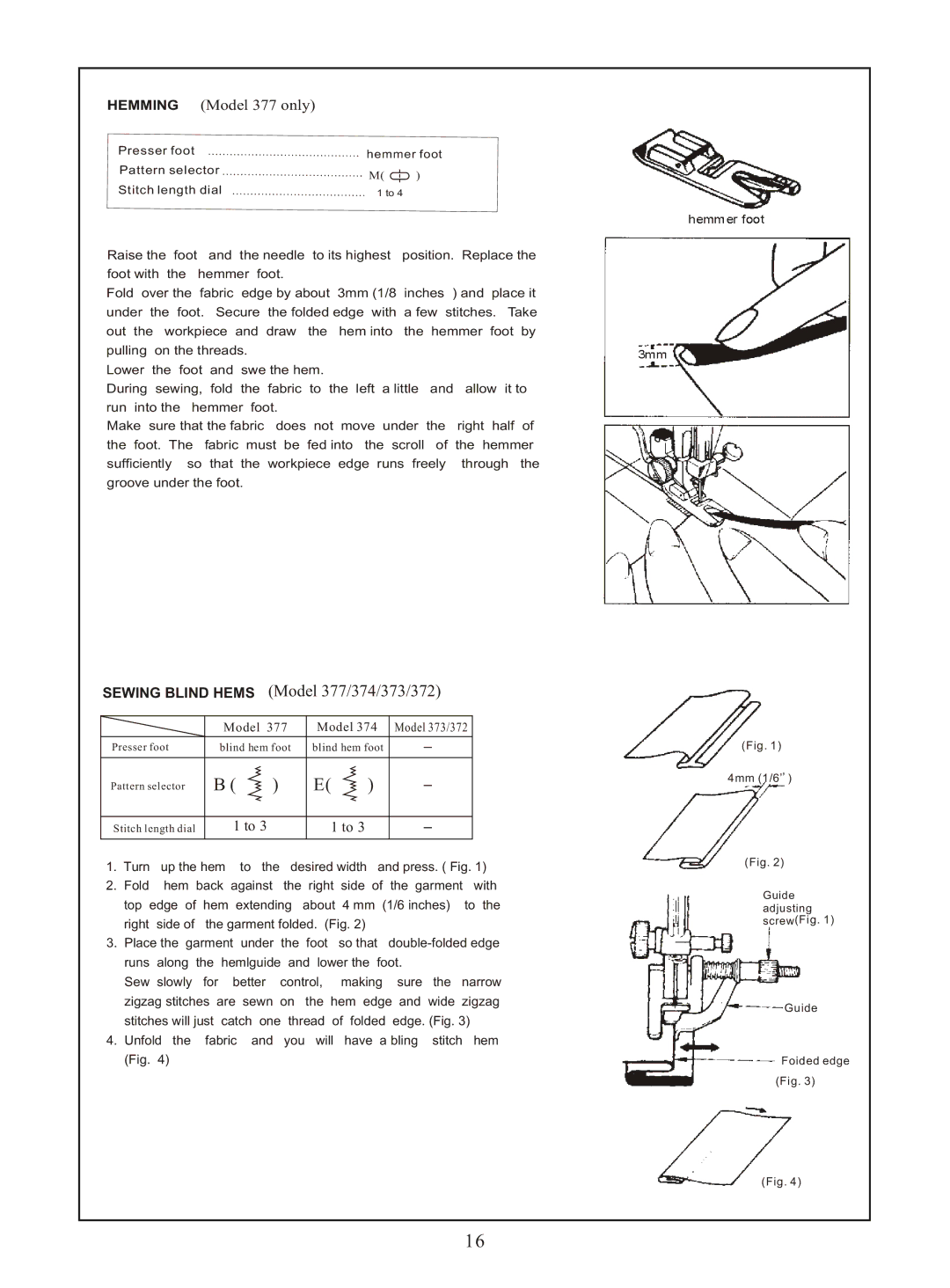 Euro-Pro instruction manual Sewing Blind Hems Model 377/374/373/372 