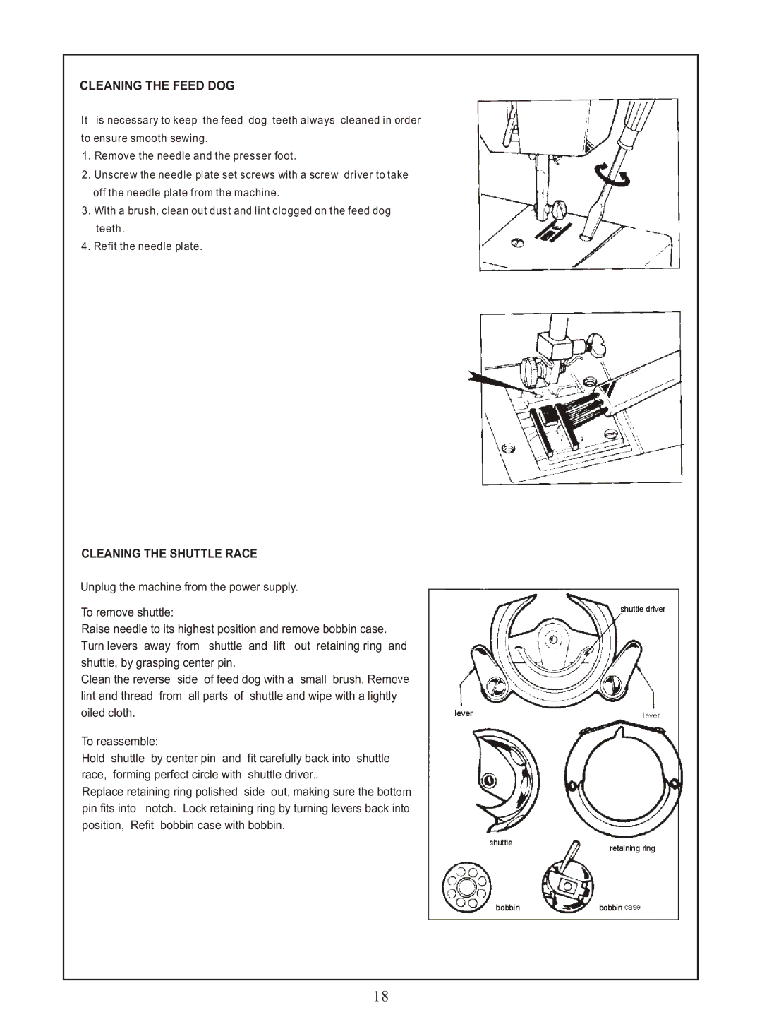 Euro-Pro 373, 374, 372, 377 instruction manual Cleaning the Feed DOG, Cleaning the Shuttle Race 