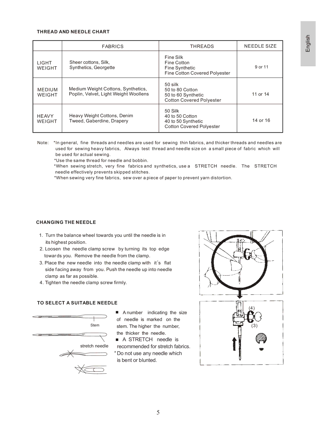 Euro-Pro 377, 374, 372, 373 instruction manual Thread and Needle Chart, Changing the Needle, To Select a Suitable Needle 