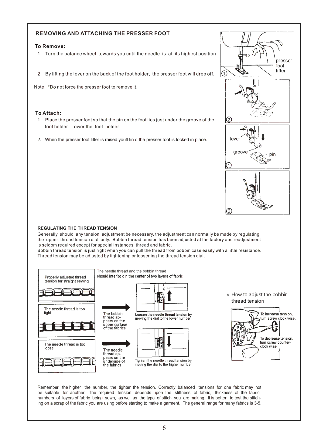 Euro-Pro 373, 374, 372, 377 instruction manual Removing and Attaching the Presser Foot, Regulating the Thread Tension 