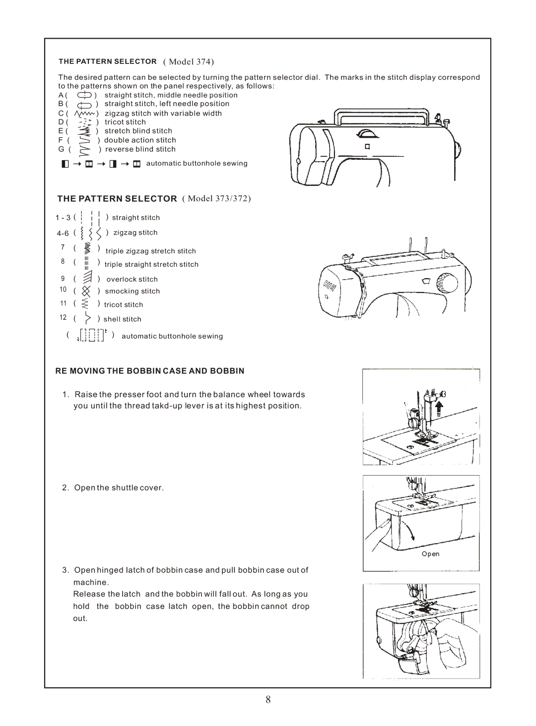 Euro-Pro 374, 377 instruction manual Pattern Selector Model 373/372, RE Moving the Bobbin Case and Bobbin 