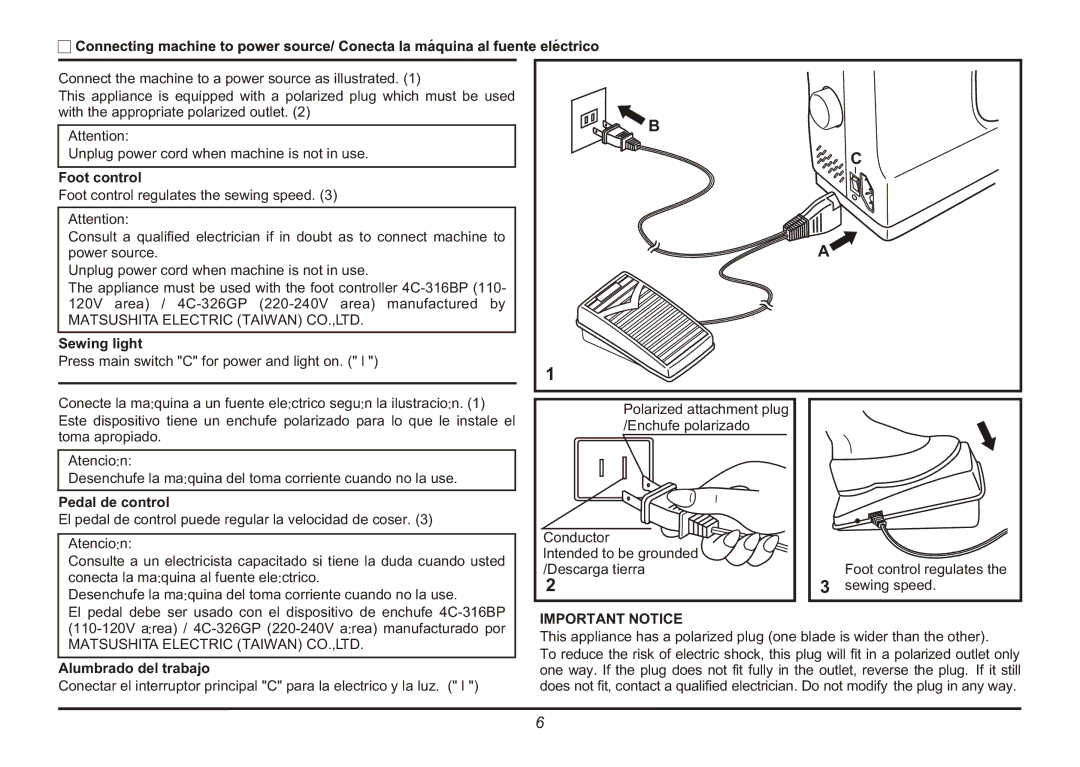 Euro-Pro 9025 instruction manual Foot control, Sewing light, Pedal de control, Alumbrado del trabajo 