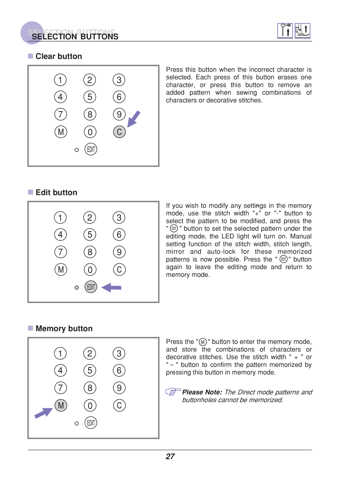 Euro-Pro 9110 manual Direct mode patterns and buttonholes cannot be memorized 