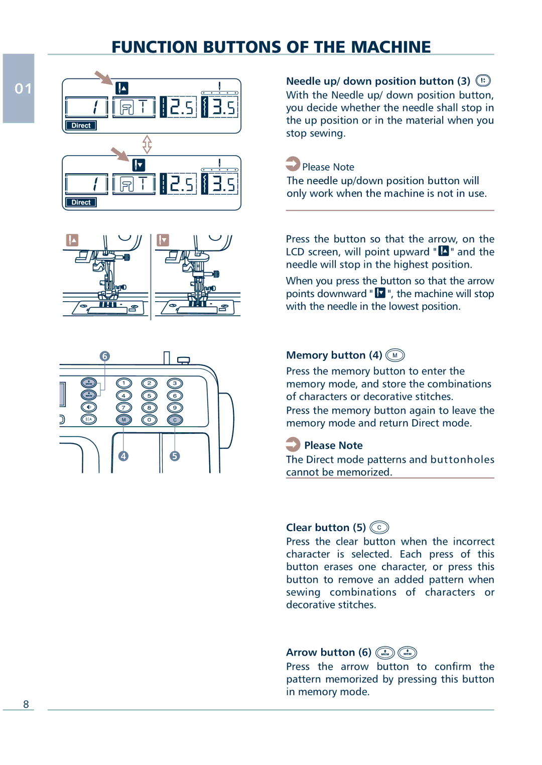 Euro-Pro 9136C manual Needle up/ down position button, Please Note, Memory button, Clear button, Arrow button 