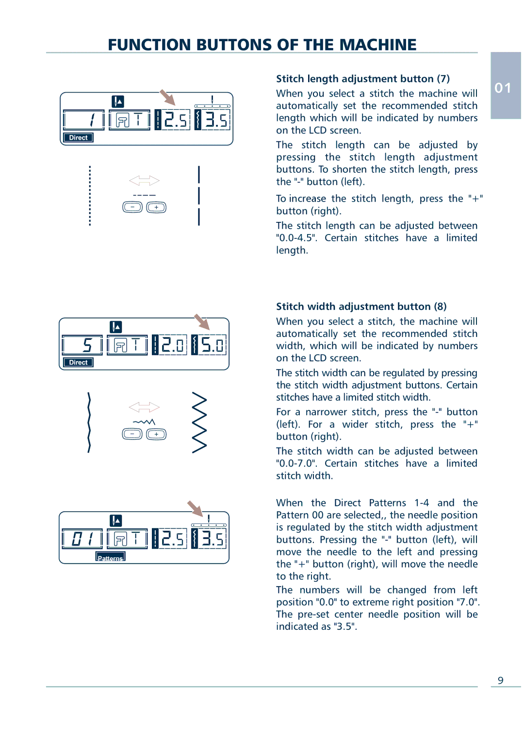 Euro-Pro 9136C manual Stitch length adjustment button, Stitch width adjustment button 