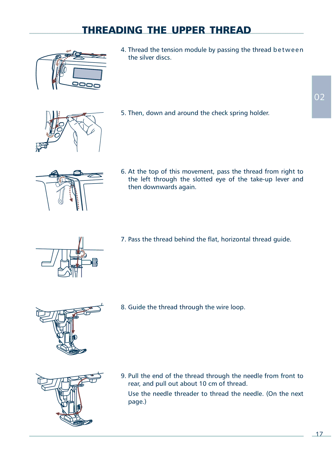 Euro-Pro 9136C manual Threading the Upper Thread 