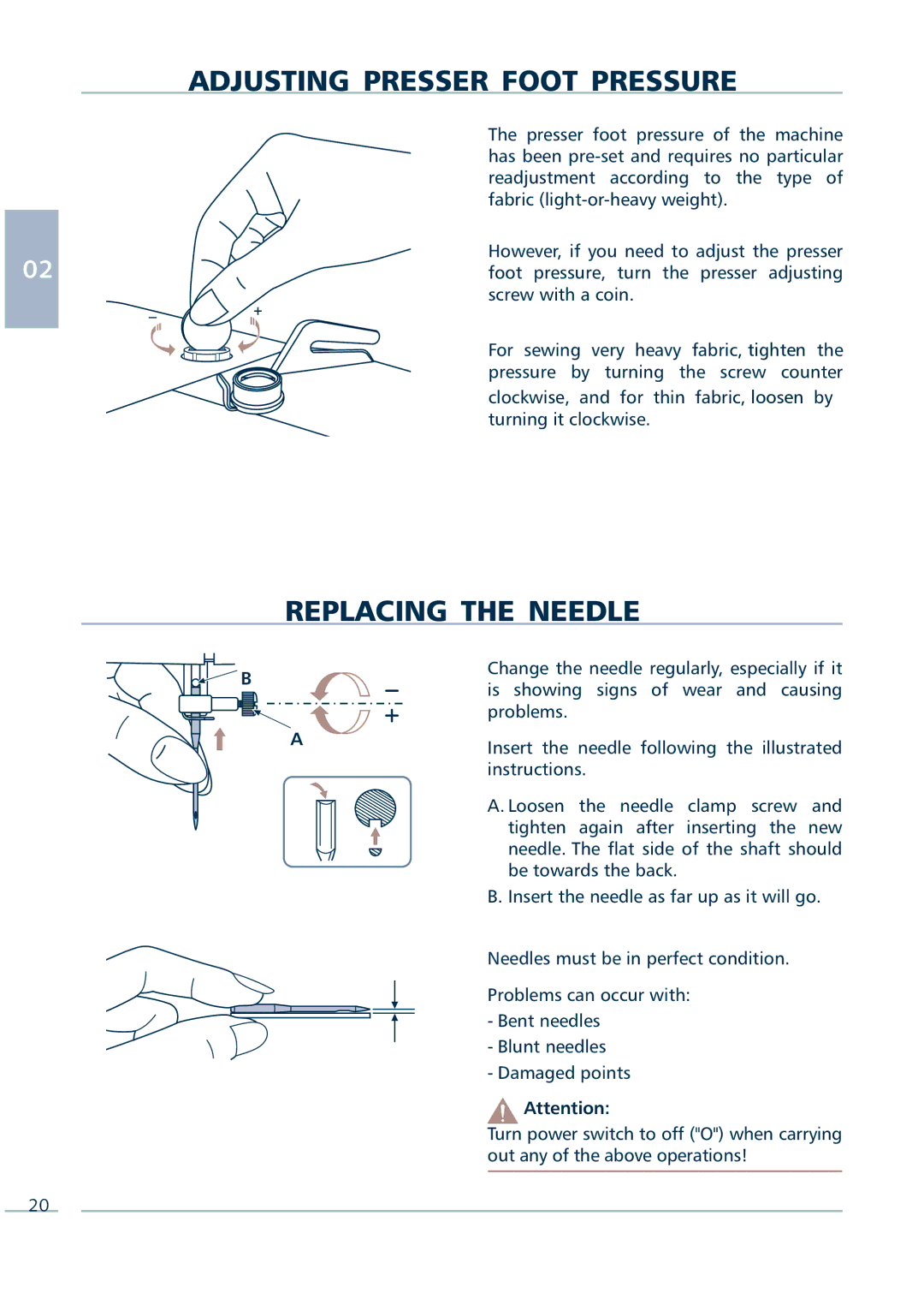 Euro-Pro 9136C manual Adjusting Presser Foot Pressure, Replacing the Needle 