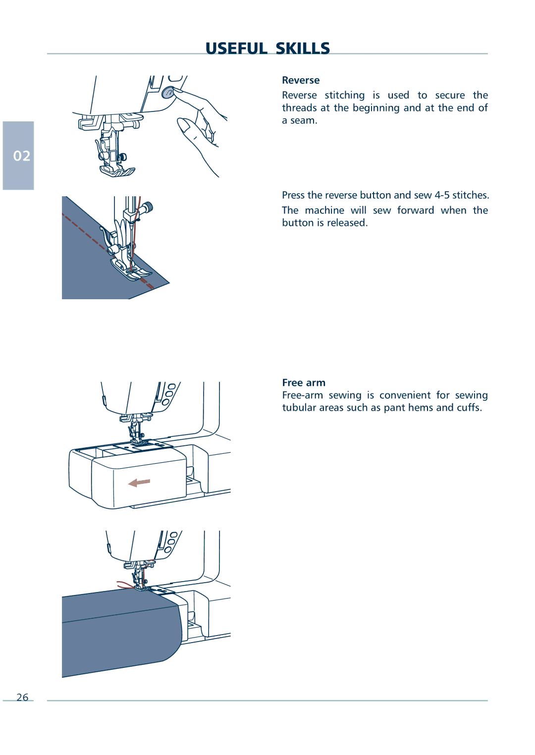 Euro-Pro 9136C manual Useful Skills, Reverse, Free arm 