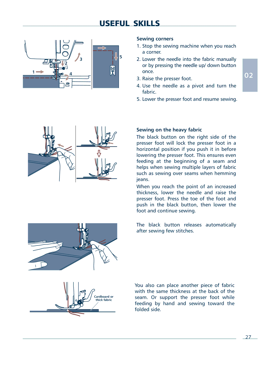 Euro-Pro 9136C manual Sewing corners, Sewing on the heavy fabric 