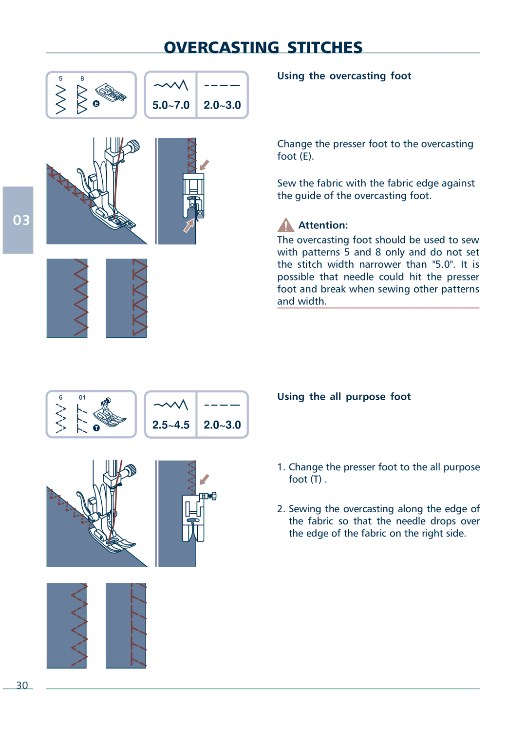 Euro-Pro 9136C manual Overcasting Stitches, Using the overcasting foot, Using the all purpose foot 