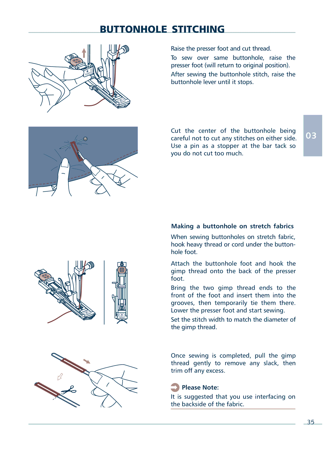 Euro-Pro 9136C manual Making a buttonhole on stretch fabrics 