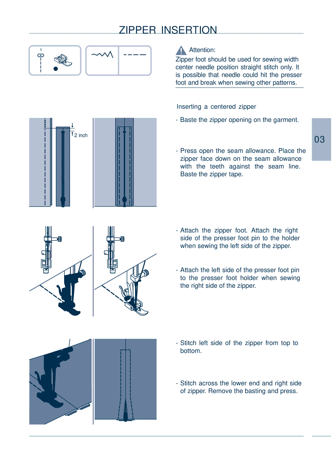 Euro-Pro 9136C manual Zipper Insertion, Inserting a centered zipper 