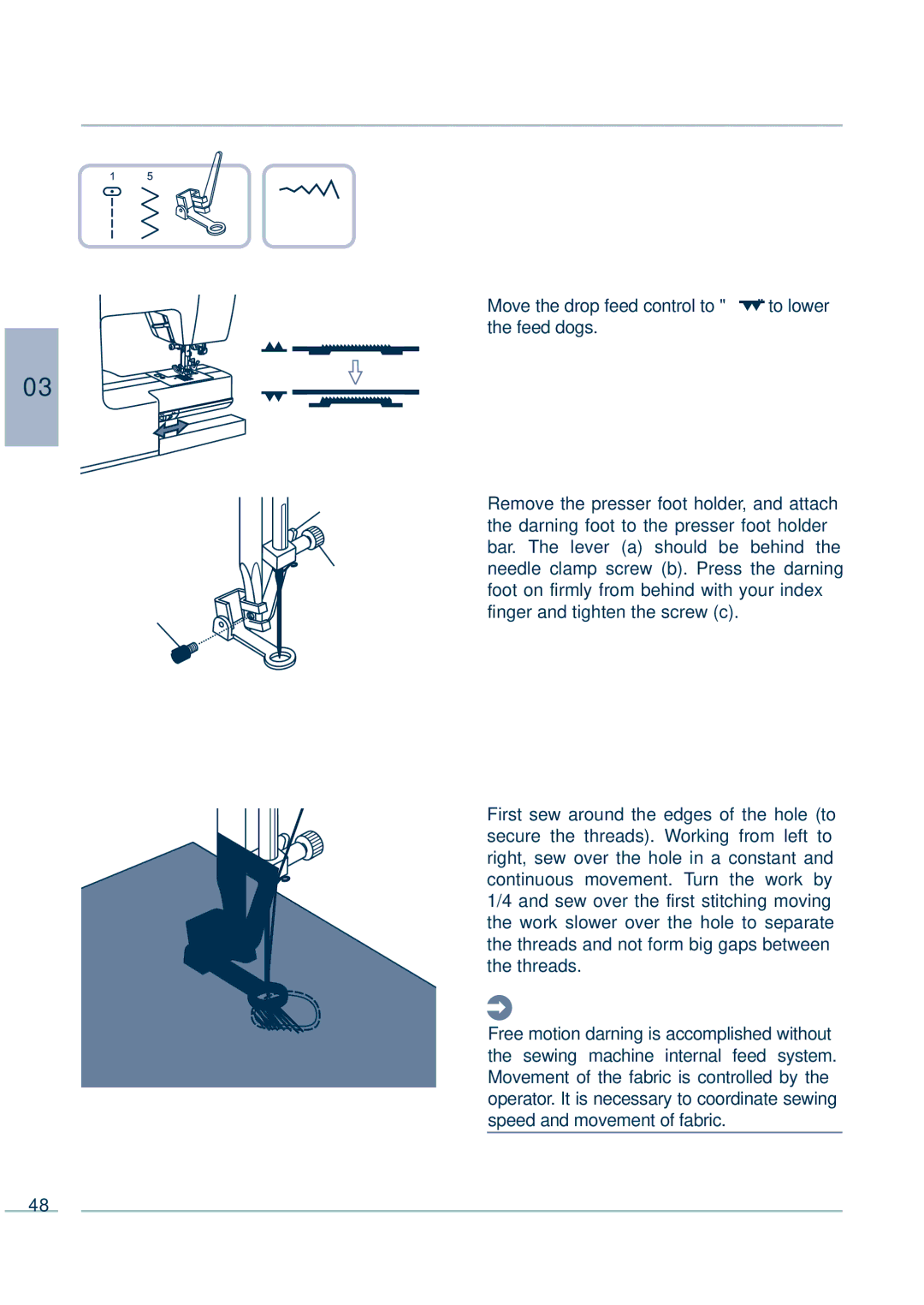 Euro-Pro 9136C manual Free Motion Darning Embroidery and Monogramming 