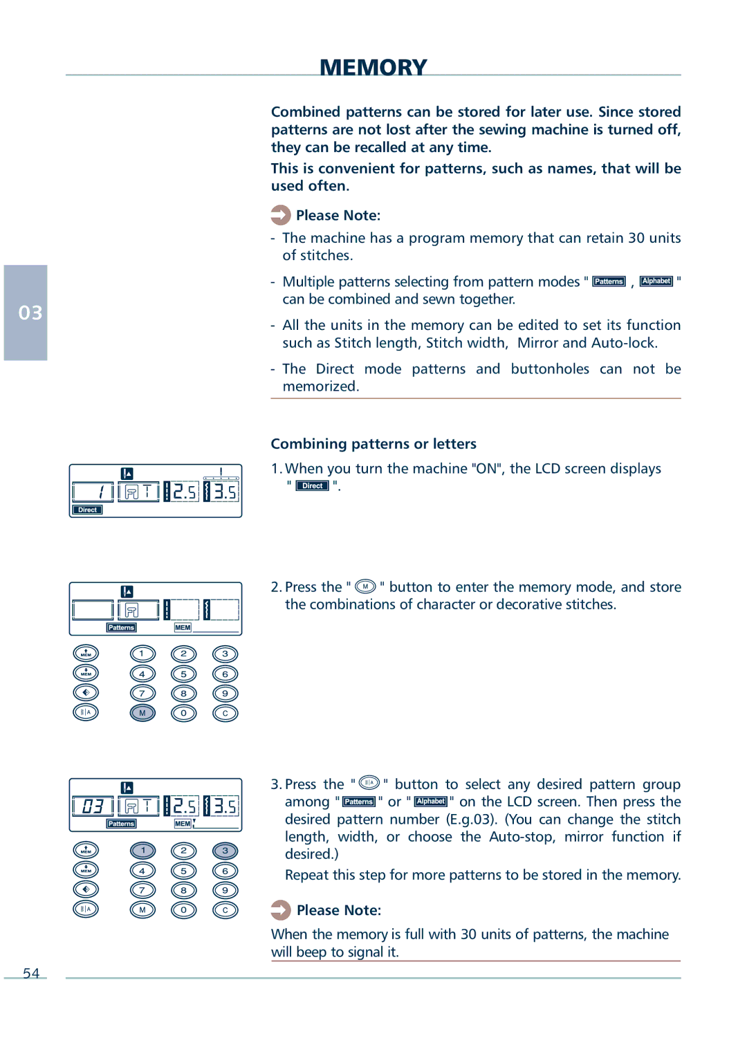 Euro-Pro 9136C manual Memory, Combining patterns or letters 