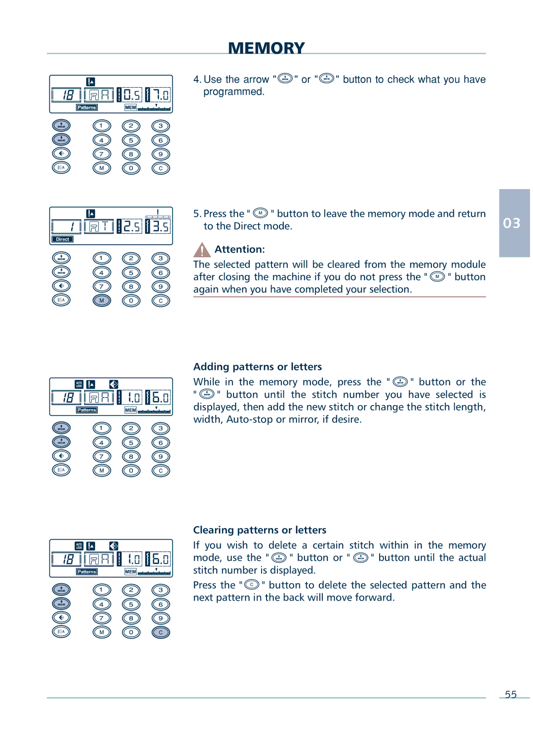 Euro-Pro 9136C manual To the Direct mode, Adding patterns or letters, Clearing patterns or letters 