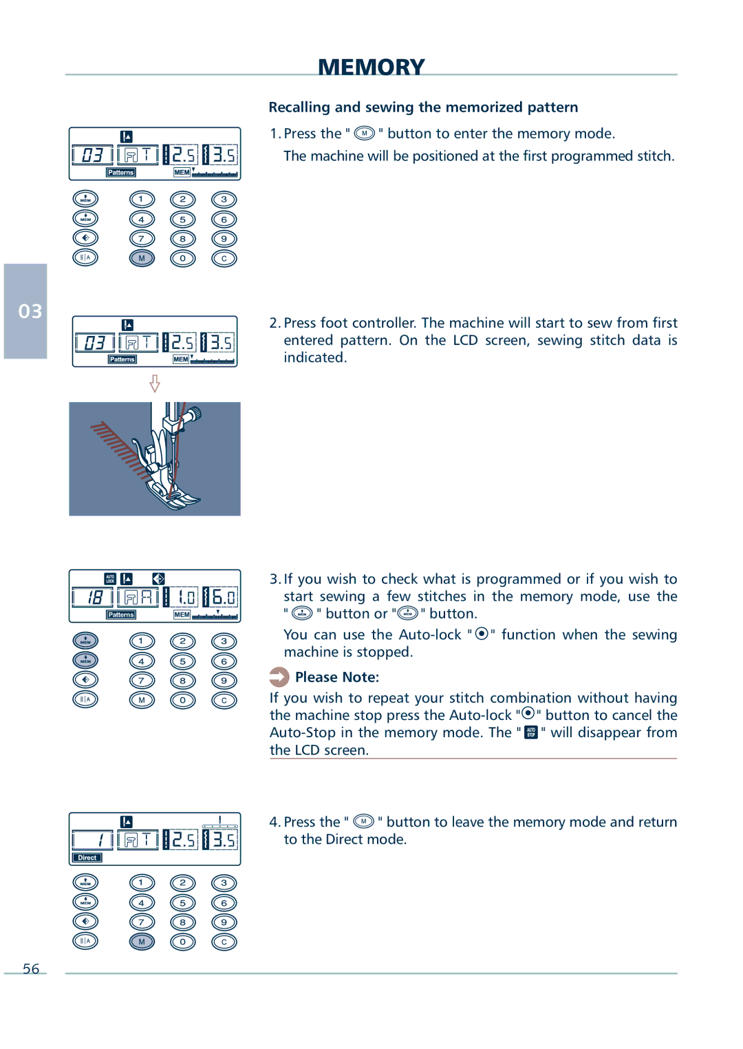 Euro-Pro 9136C manual Recalling and sewing the memorized pattern 