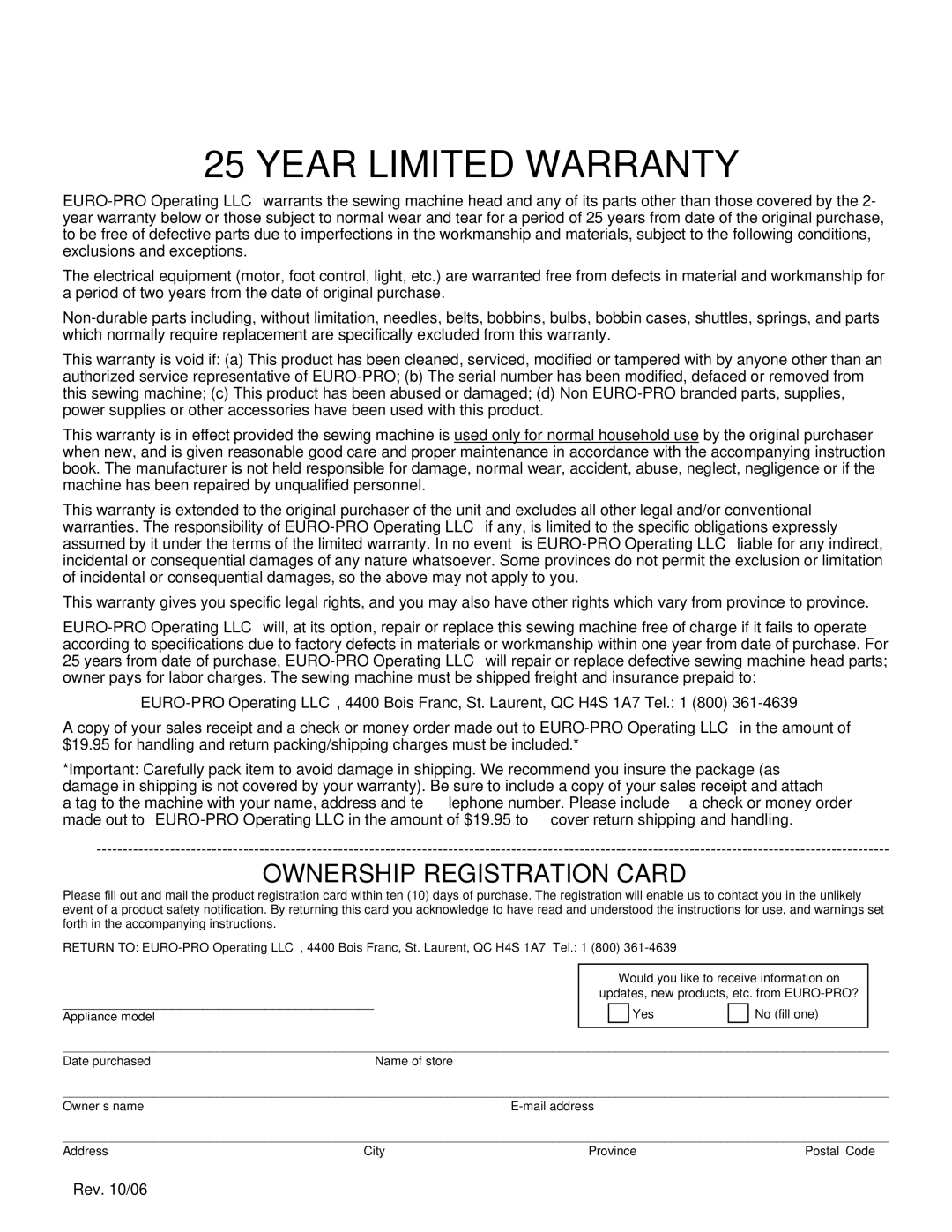 Euro-Pro 9136C manual Year Limited Warranty 