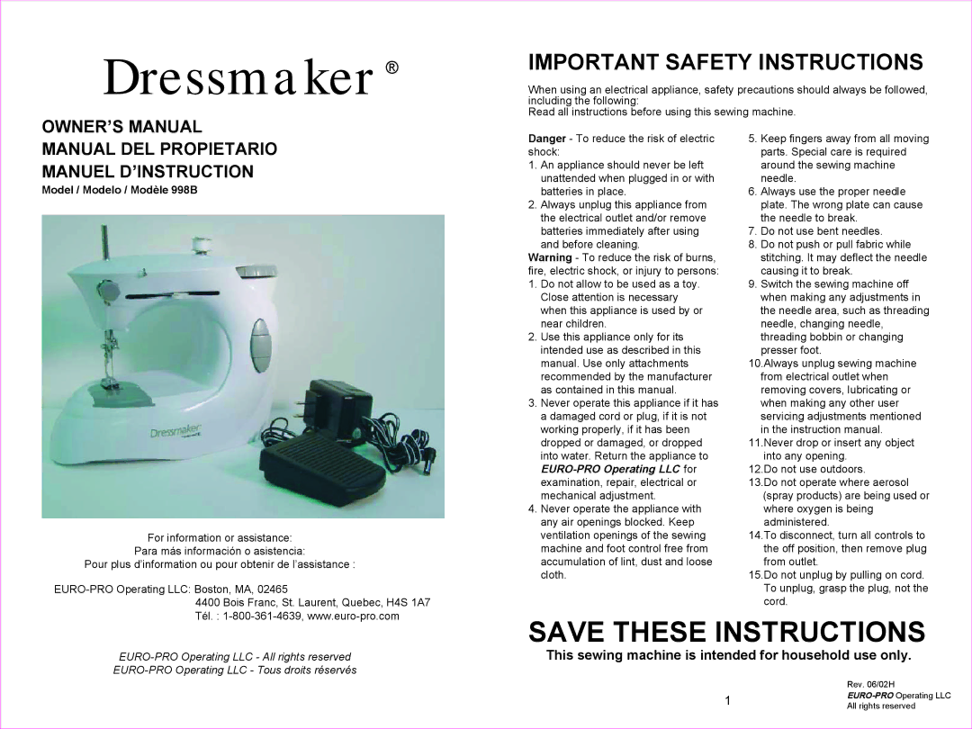 Euro-Pro 998B owner manual Dressmaker 