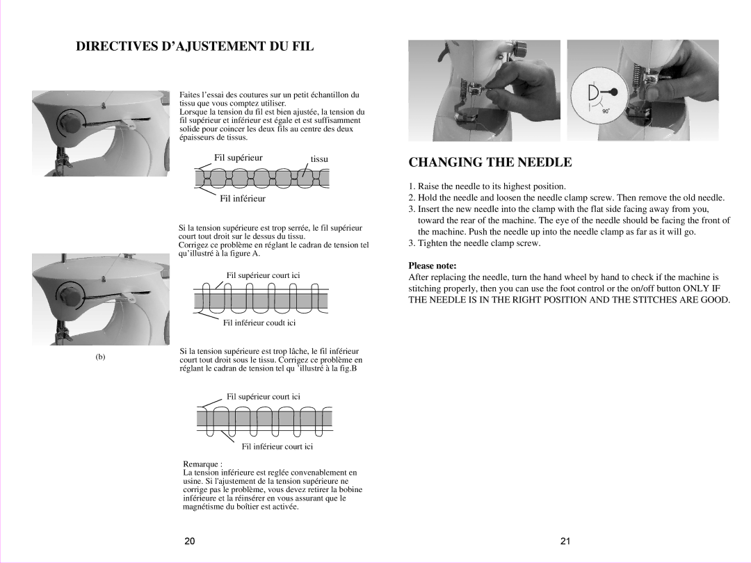 Euro-Pro 998B owner manual Directives D’AJUSTEMENT DU FIL, Changing the Needle 