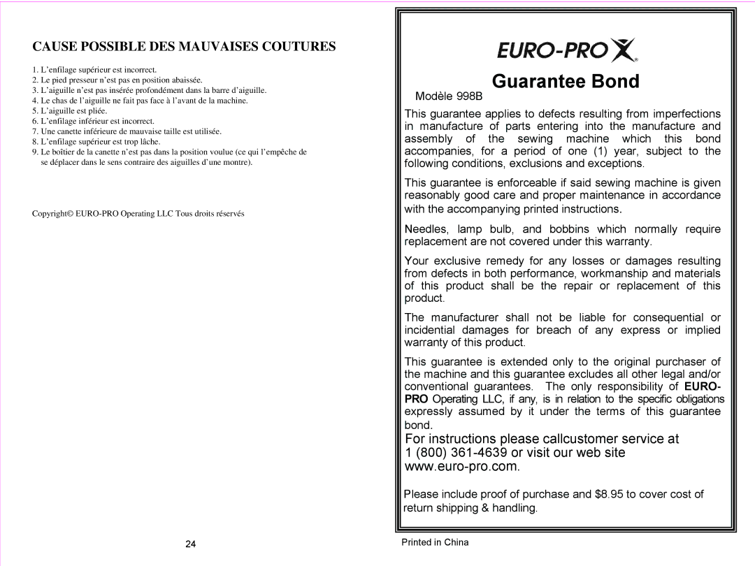 Euro-Pro 998B owner manual Guarantee Bond, Cause Possible DES Mauvaises Coutures 