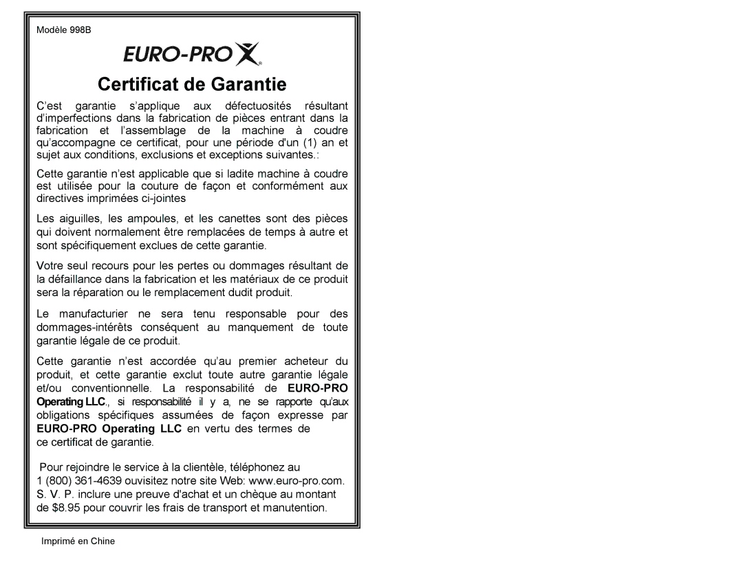 Euro-Pro 998B owner manual Certificat de Garantie 