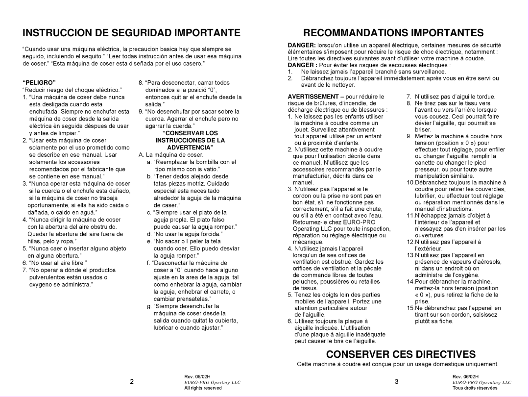 Euro-Pro 998B owner manual Instruccion DE Seguridad Importante 