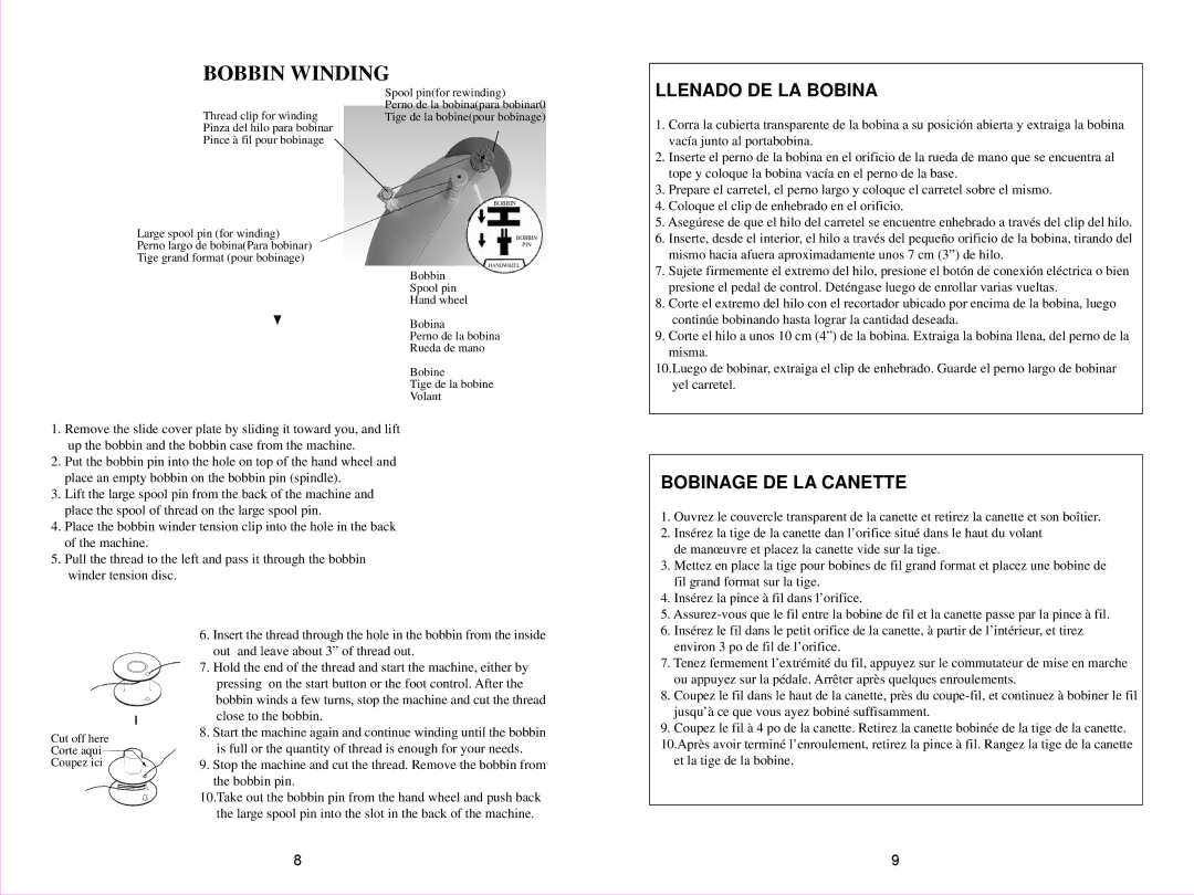 Euro-Pro 998B owner manual Bobbin Winding, Llenado DE LA Bobina 