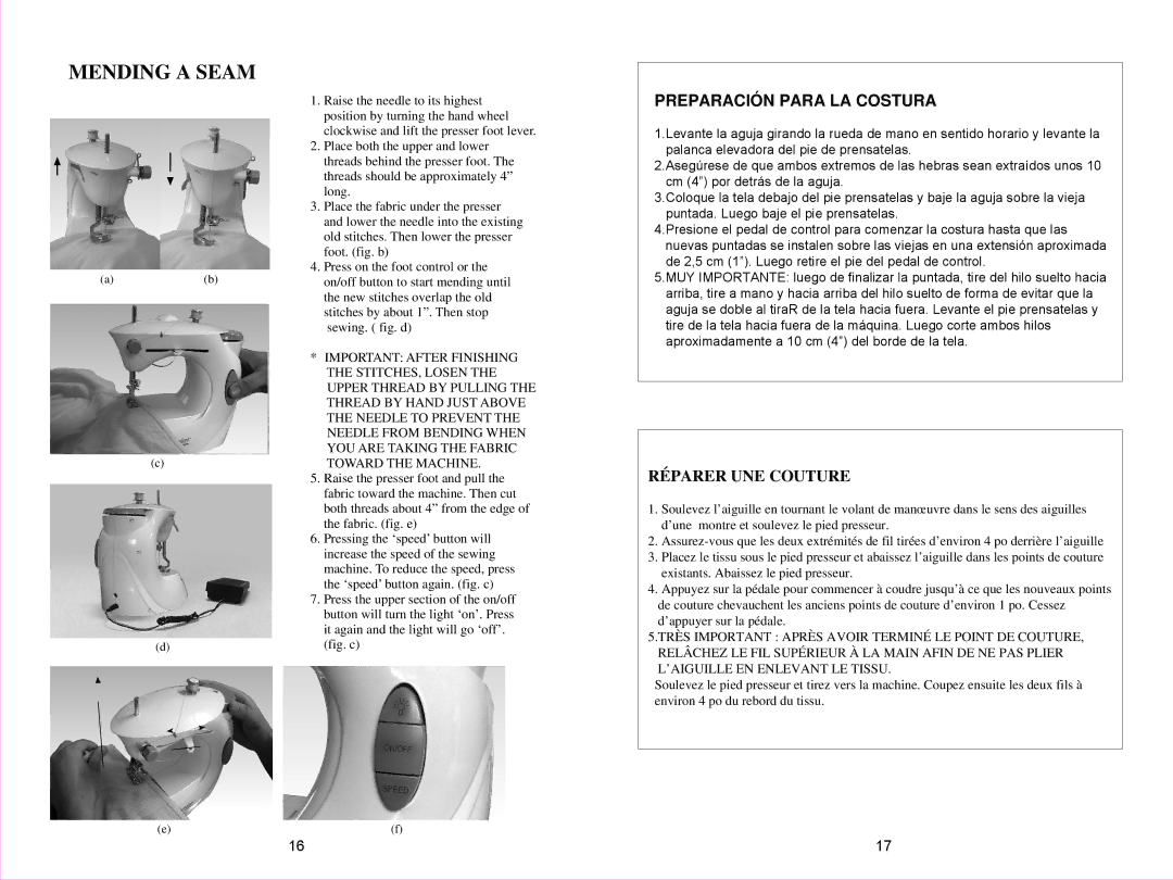 Euro-Pro 998B owner manual Mending a Seam, Preparación Para LA Costura 