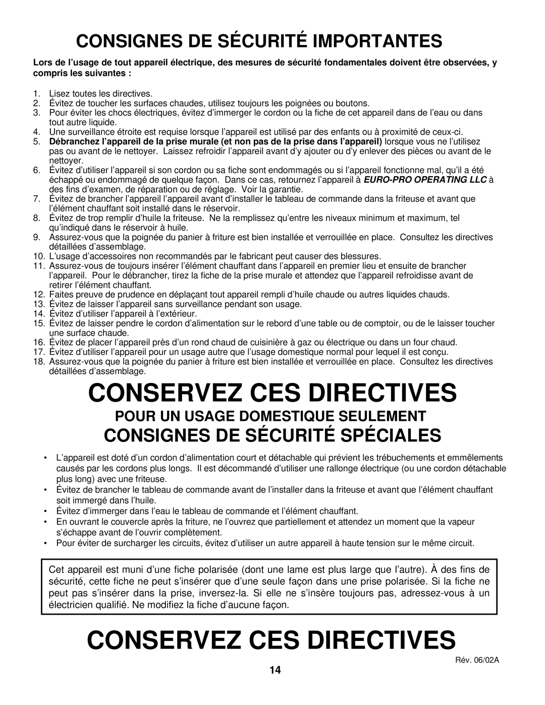 Euro-Pro BF160 manual Conservez CES Directives 