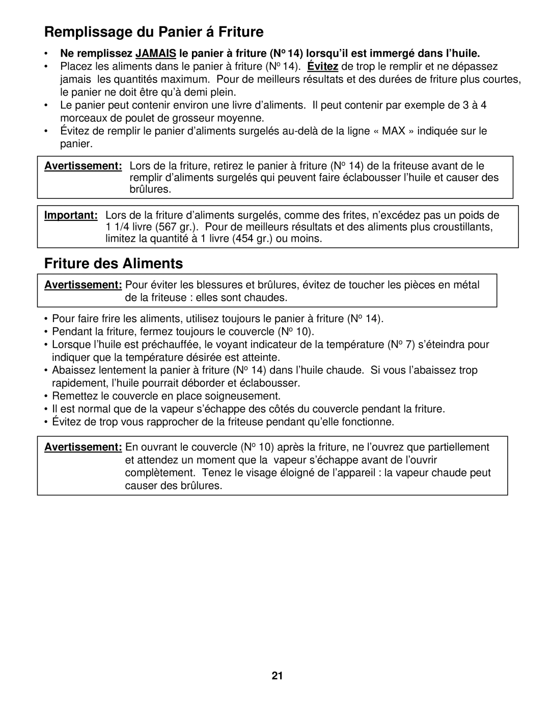 Euro-Pro BF160 manual Remplissage du Panier á Friture, Friture des Aliments 