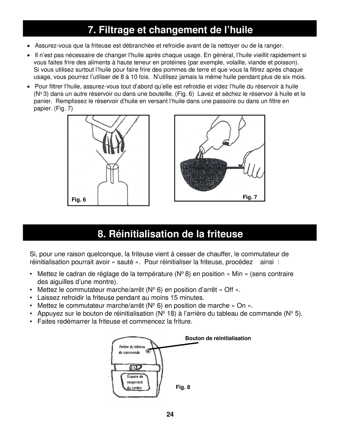 Euro-Pro BF160 manual Filtrage et changement de l’huile, Réinitialisation de la friteuse 