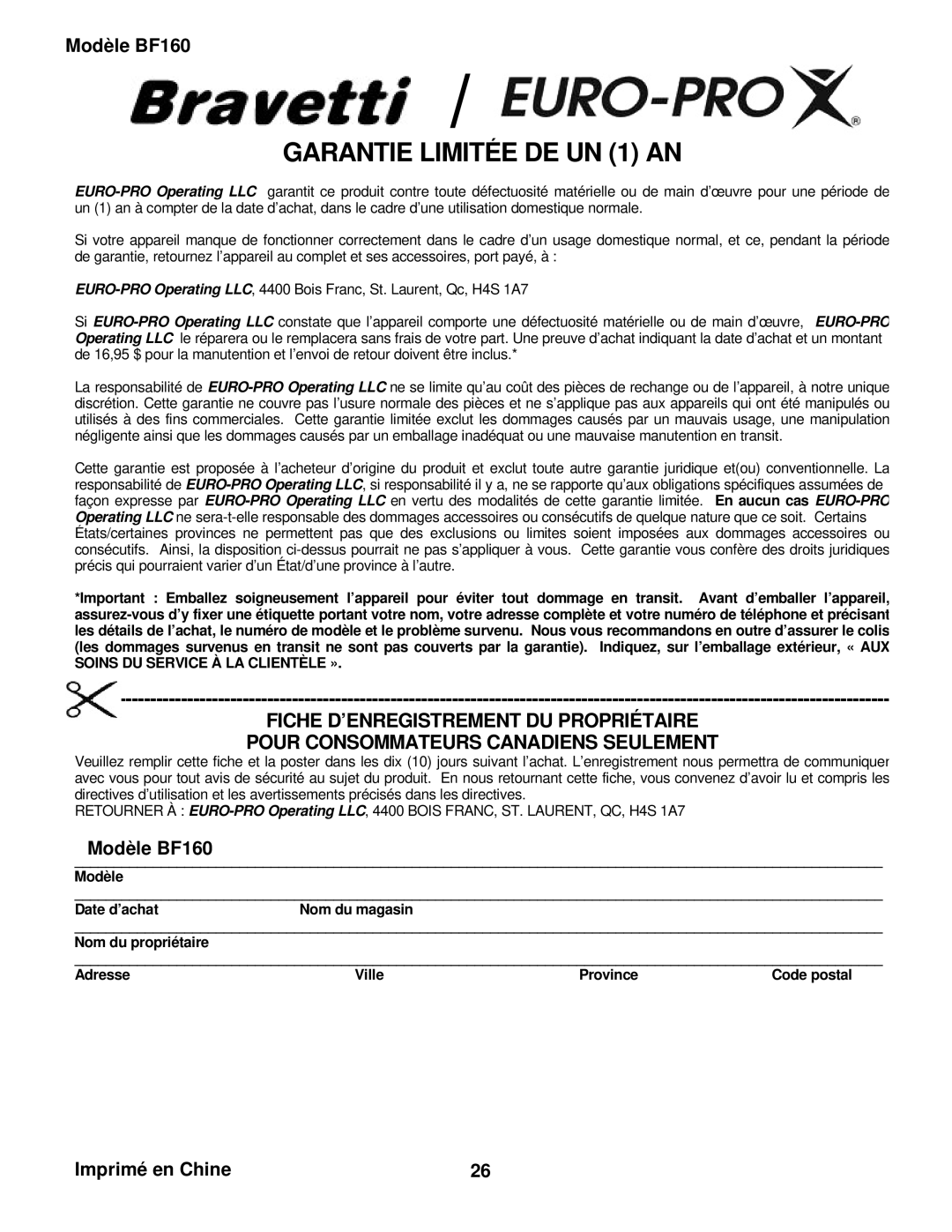 Euro-Pro BF160 manual Garantie Limitée DE UN 1 AN 