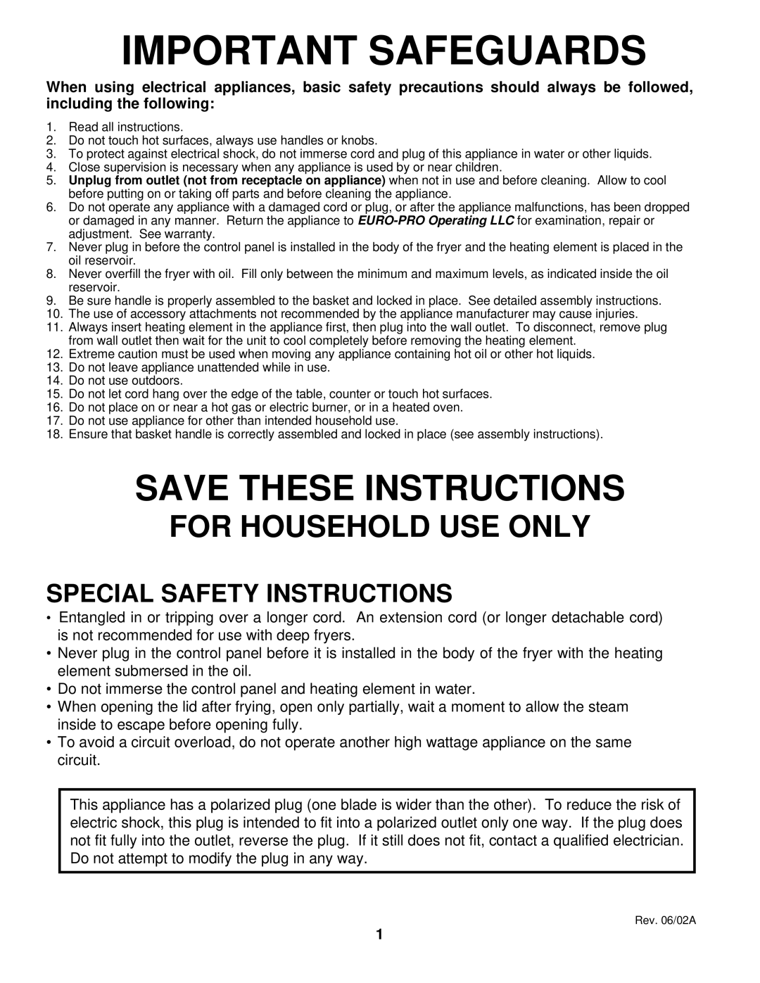 Euro-Pro BF160 manual Important Safeguards 