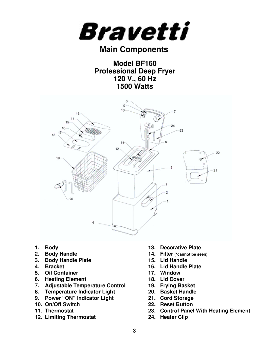 Euro-Pro manual Main Components, Model BF160 Professional Deep Fryer 120 V., 60 Hz Watts 