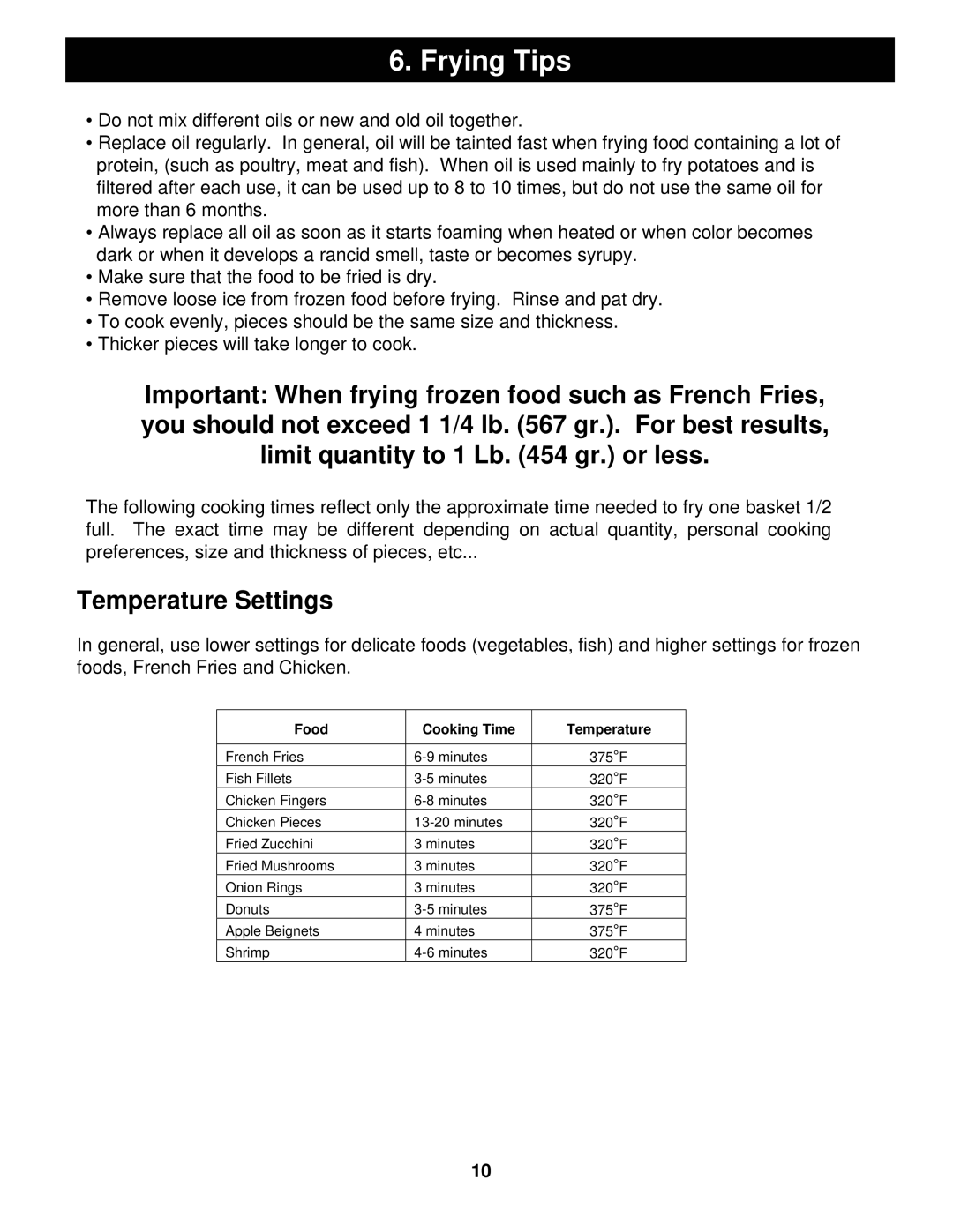 Euro-Pro BF160 manual Frying Tips, Temperature Settings 