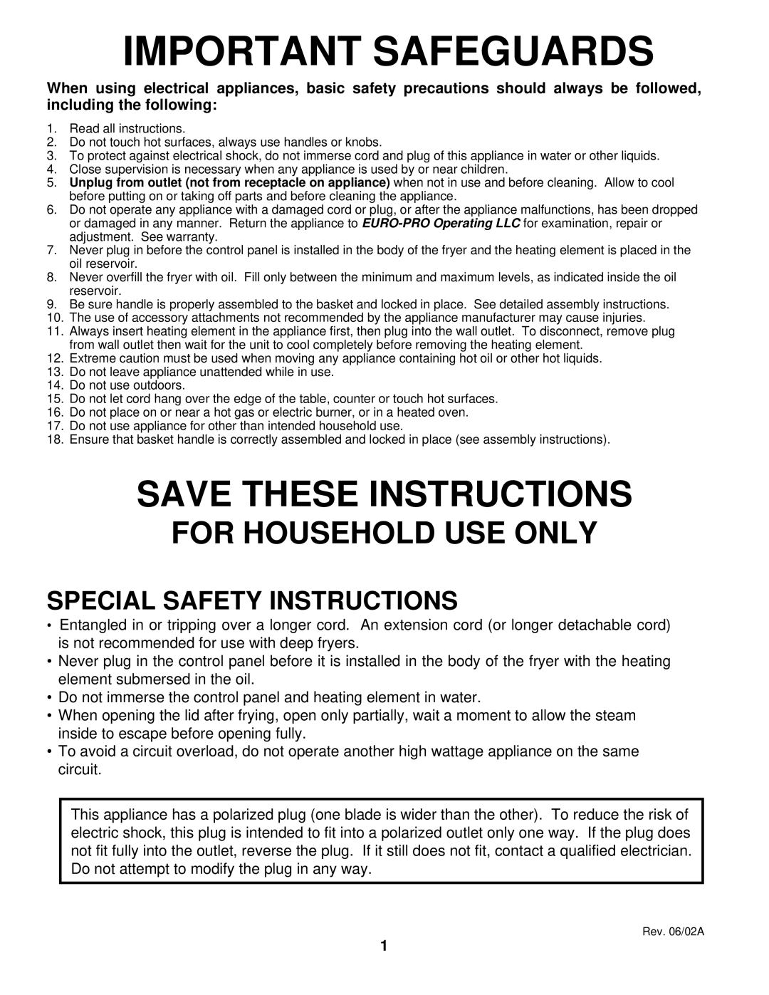 Euro-Pro BF160 manual Save These Instructions, For Household Use Only, Special Safety Instructions, Important Safeguards 