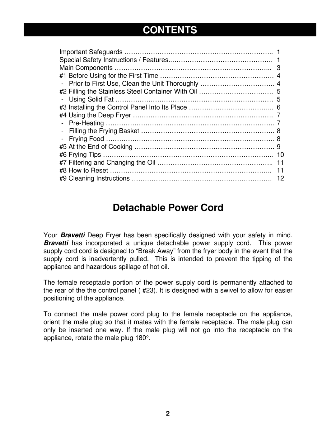 Euro-Pro BF160 manual Contents, Detachable Power Cord 