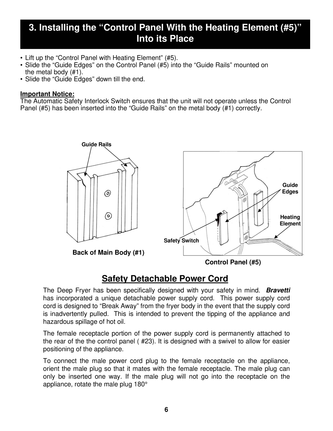 Euro-Pro BF160 manual Safety Detachable Power Cord, Important Notice, Back of Main Body #1 Control Panel #5 