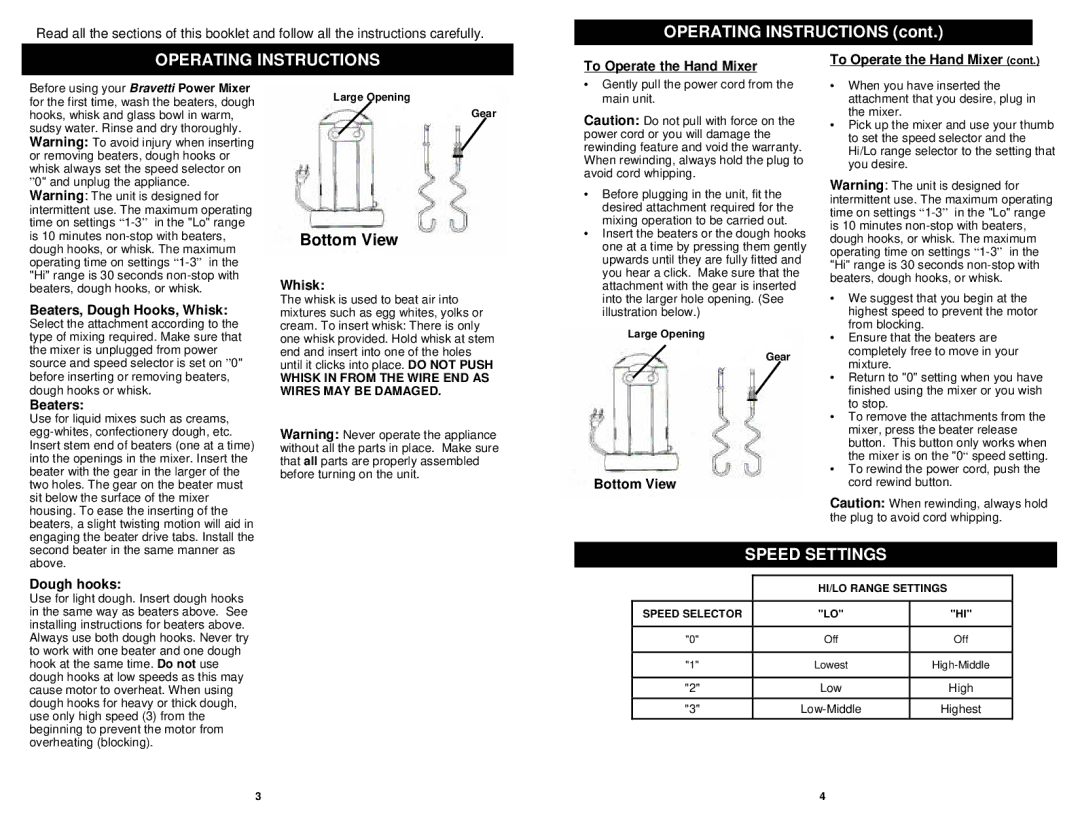 Euro-Pro BKM550 owner manual Operating Instructions, Speed Settings 