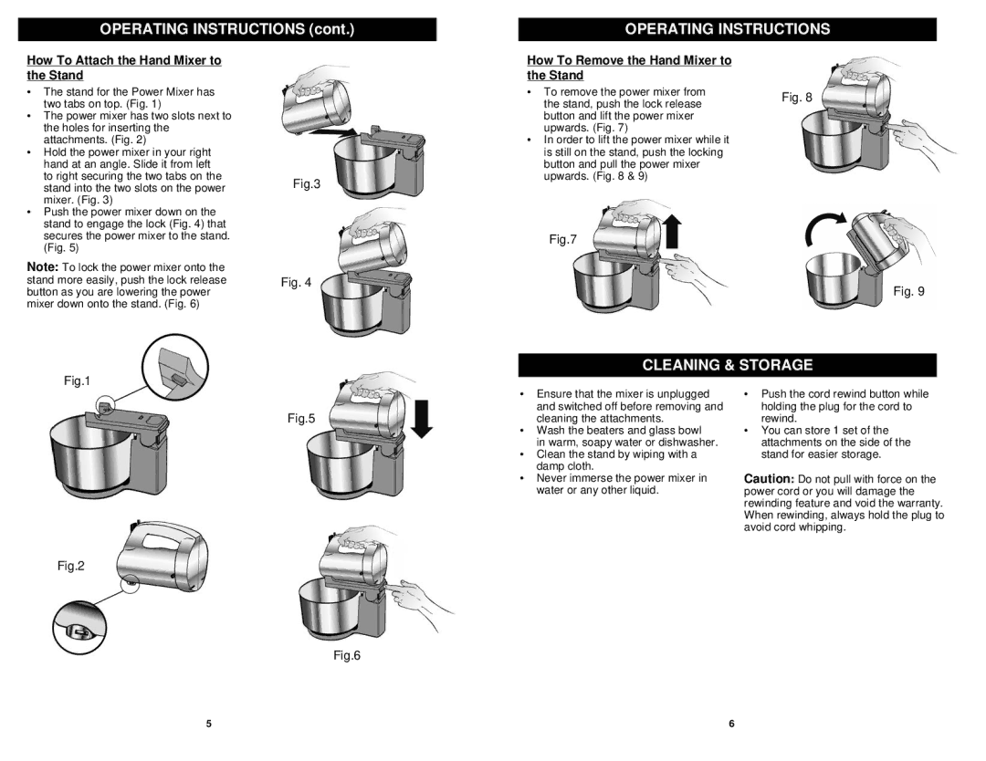 Euro-Pro BKM550 Cleaning & Storage, How To Attach the Hand Mixer to the Stand, How To Remove the Hand Mixer to Stand 