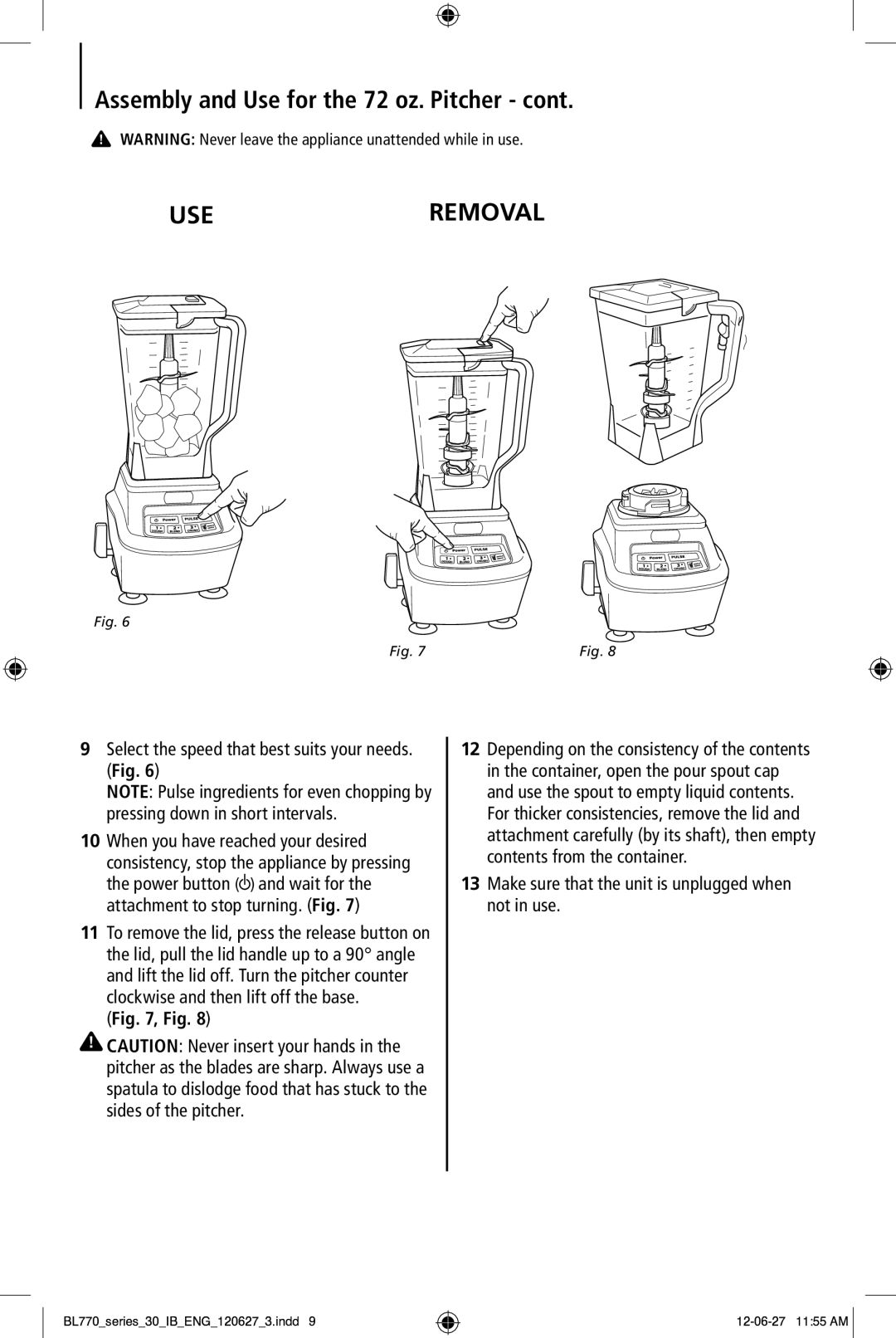 Euro-Pro BL770 manual Useremoval, Select the speed that best suits your needs. Fig 