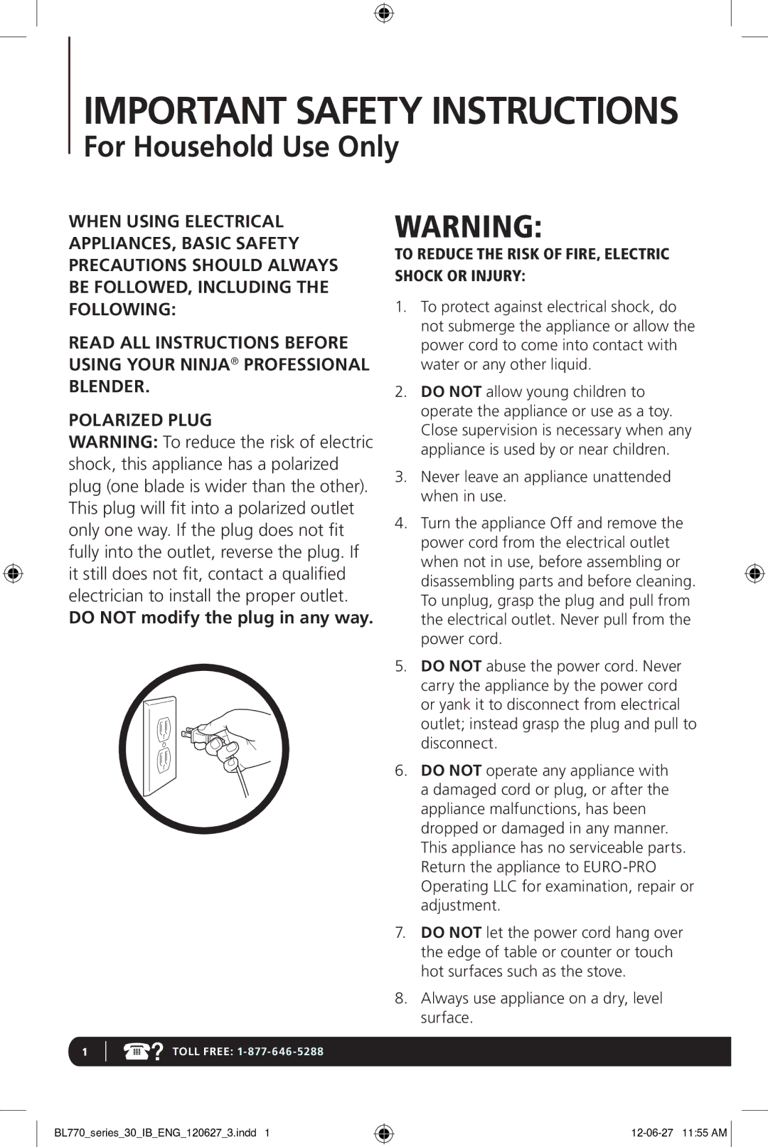 Euro-Pro BL770 manual Important Safety Instructions, Do not modify the plug in any way 