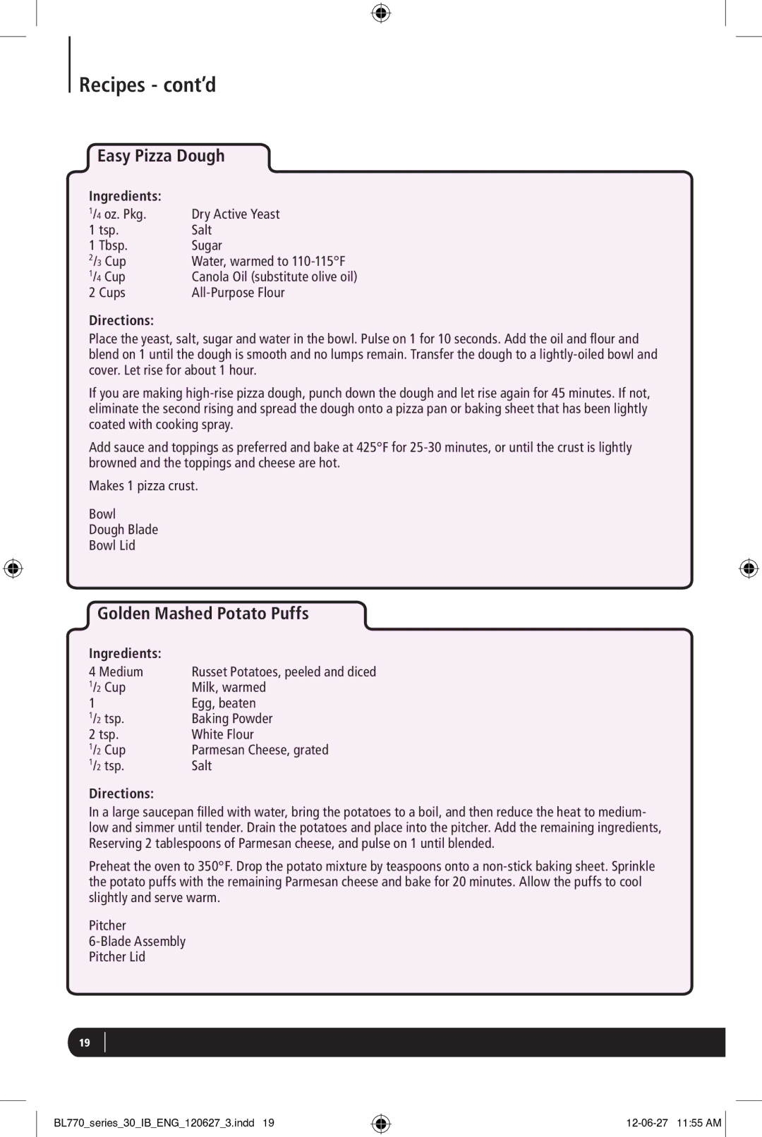Euro-Pro BL770 manual Easy Pizza Dough, Golden Mashed Potato Puffs, Oz. Pkg Dry Active Yeast Tsp Salt Tbsp Sugar Cup 